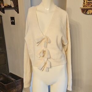 MABLE Cream Stationery Tied Bows On Front Sweater Faux Cardigan Small